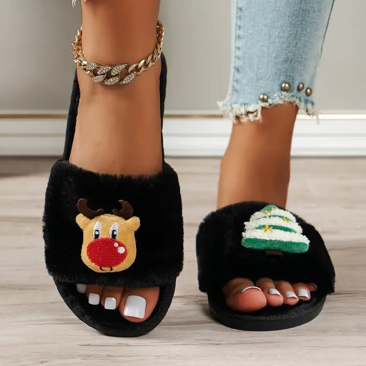 Cross-Border Amazon Foreign Trade Plus-Size Women's 2026 Autumn and Winter New Christmas Open-Toe Furry Home Cotton Slippers