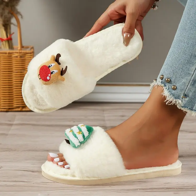 Cross-Border Amazon Foreign Trade Plus-Size Women's 2026 Autumn and Winter New Christmas Open-Toe Furry Home Cotton Slippers