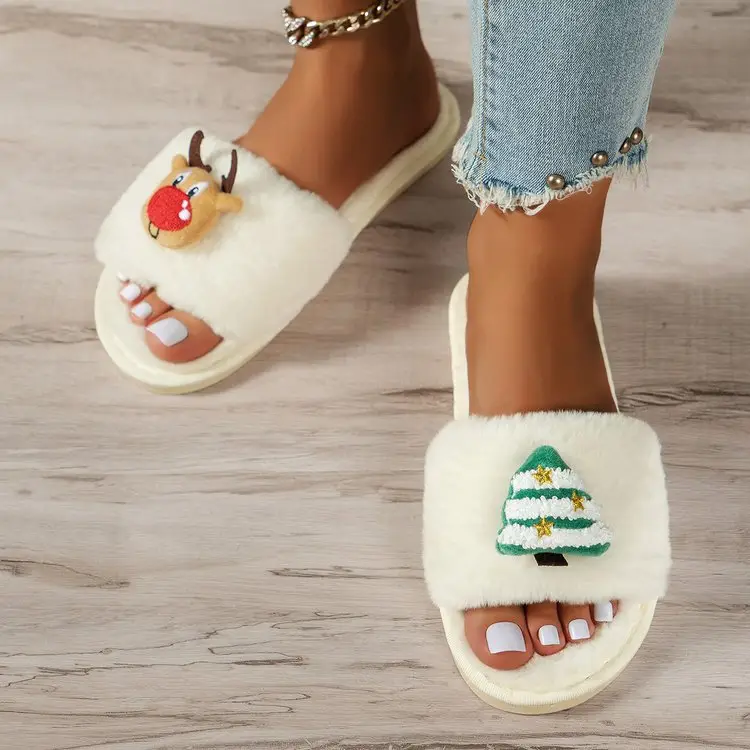Cross-Border Amazon Foreign Trade Plus-Size Women's 2026 Autumn and Winter New Christmas Open-Toe Furry Home Cotton Slippers