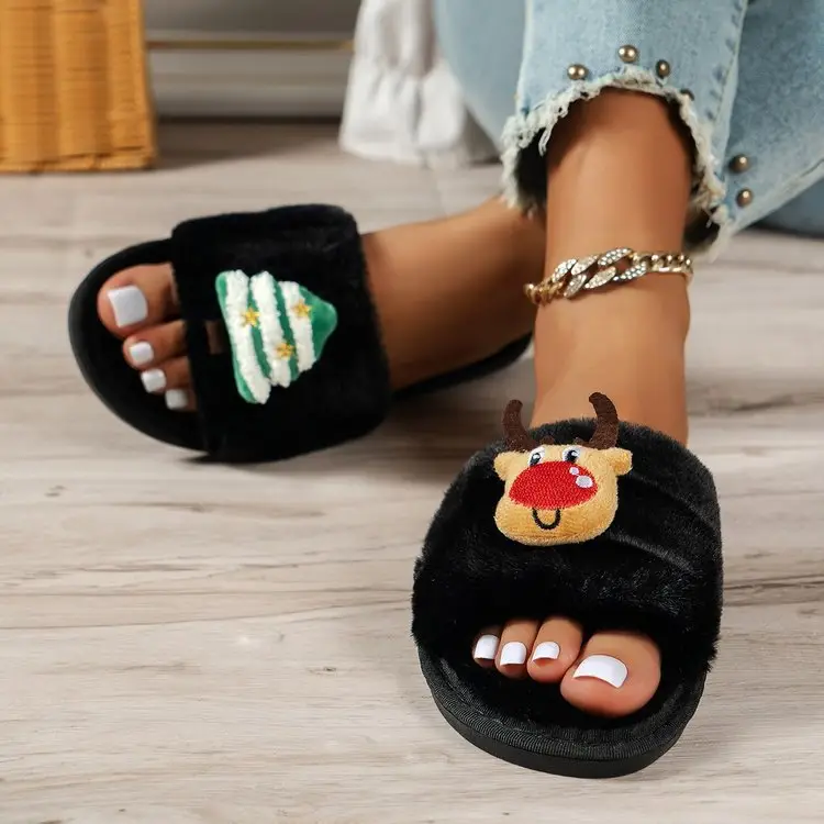 Cross-Border Amazon Foreign Trade Plus-Size Women's 2026 Autumn and Winter New Christmas Open-Toe Furry Home Cotton Slippers — feature 1