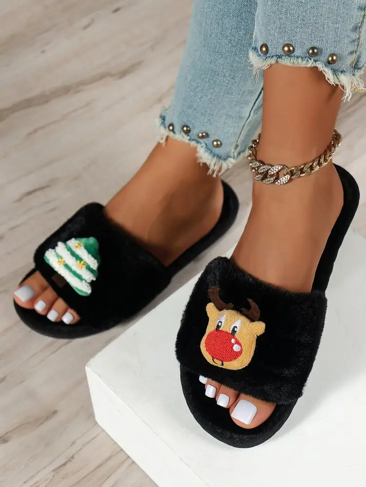 Cross-Border Amazon Foreign Trade Plus-Size Women's 2026 Autumn and Winter New Christmas Open-Toe Furry Home Cotton Slippers — feature 24