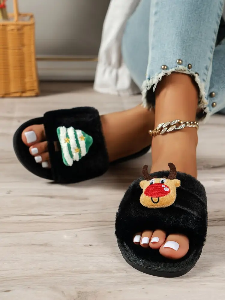 Cross-Border Amazon Foreign Trade Plus-Size Women's 2026 Autumn and Winter New Christmas Open-Toe Furry Home Cotton Slippers — feature 25