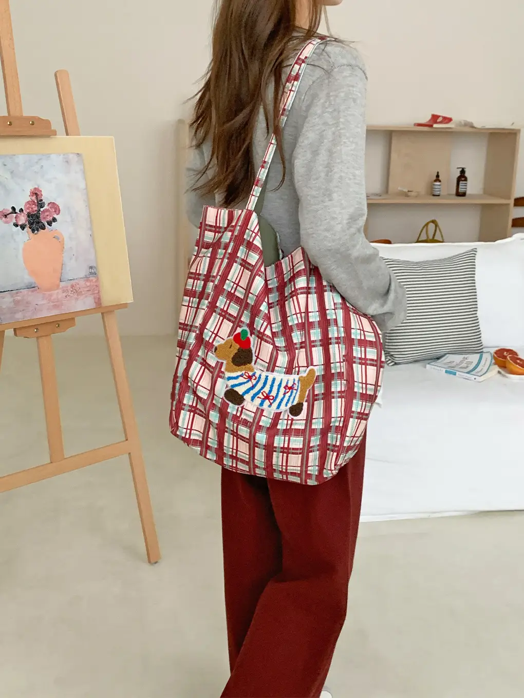 Puppy Plaid Tote Bag Blue Red Underarm Shoulder Bag - Image 7