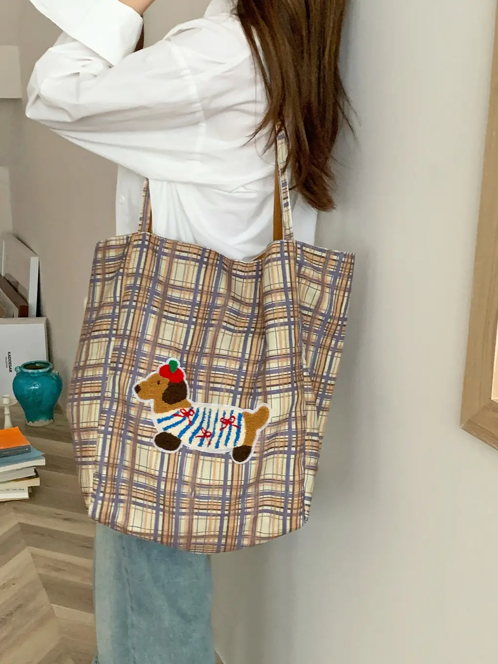 Puppy Plaid Tote Bag Blue Red Underarm Shoulder Bag - Image 8