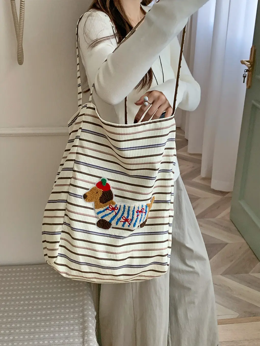 Puppy Plaid Tote Bag Blue Red Underarm Shoulder Bag - Image 9