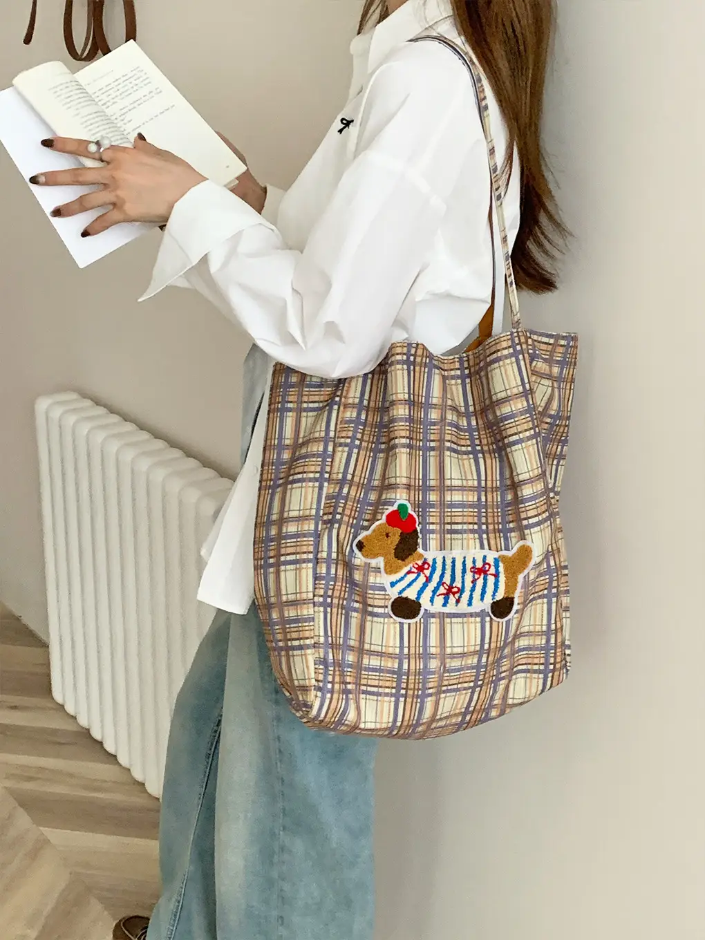 Puppy Plaid Tote Bag Blue Red Underarm Shoulder Bag — feature 16