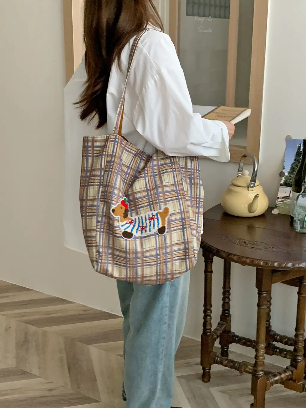 Puppy Plaid Tote Bag Blue Red Underarm Shoulder Bag — feature 17