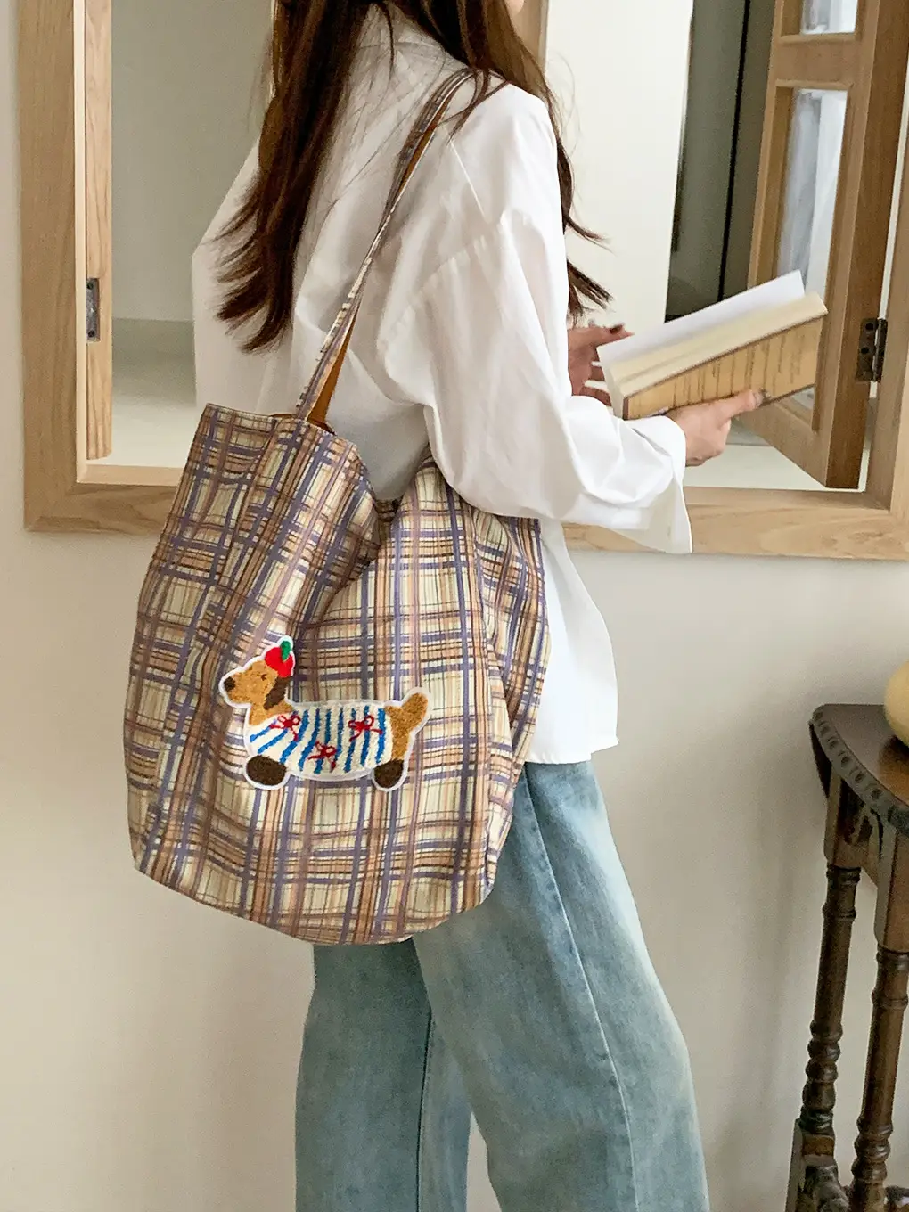 Puppy Plaid Tote Bag Blue Red Underarm Shoulder Bag — feature 18