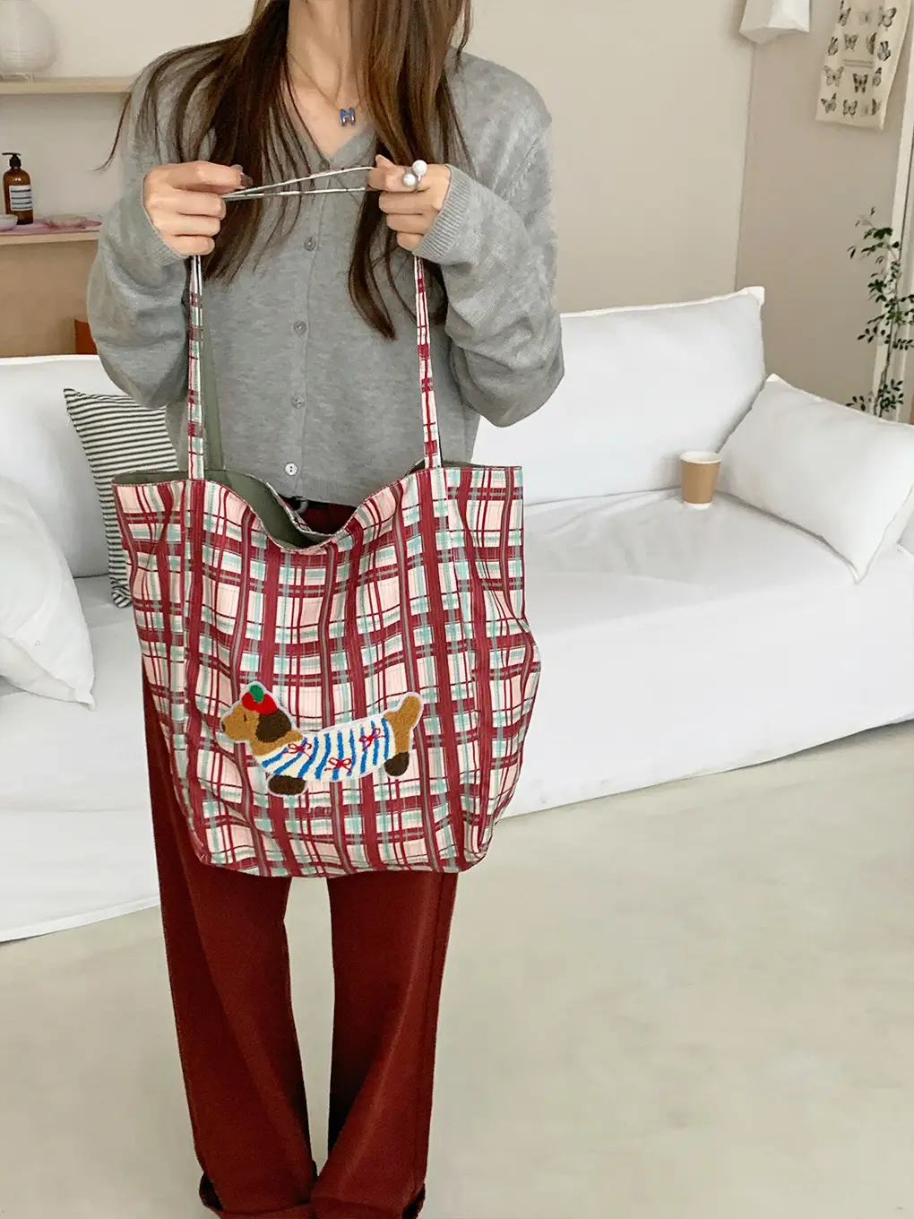 Puppy Plaid Tote Bag Blue Red Underarm Shoulder Bag — feature 9