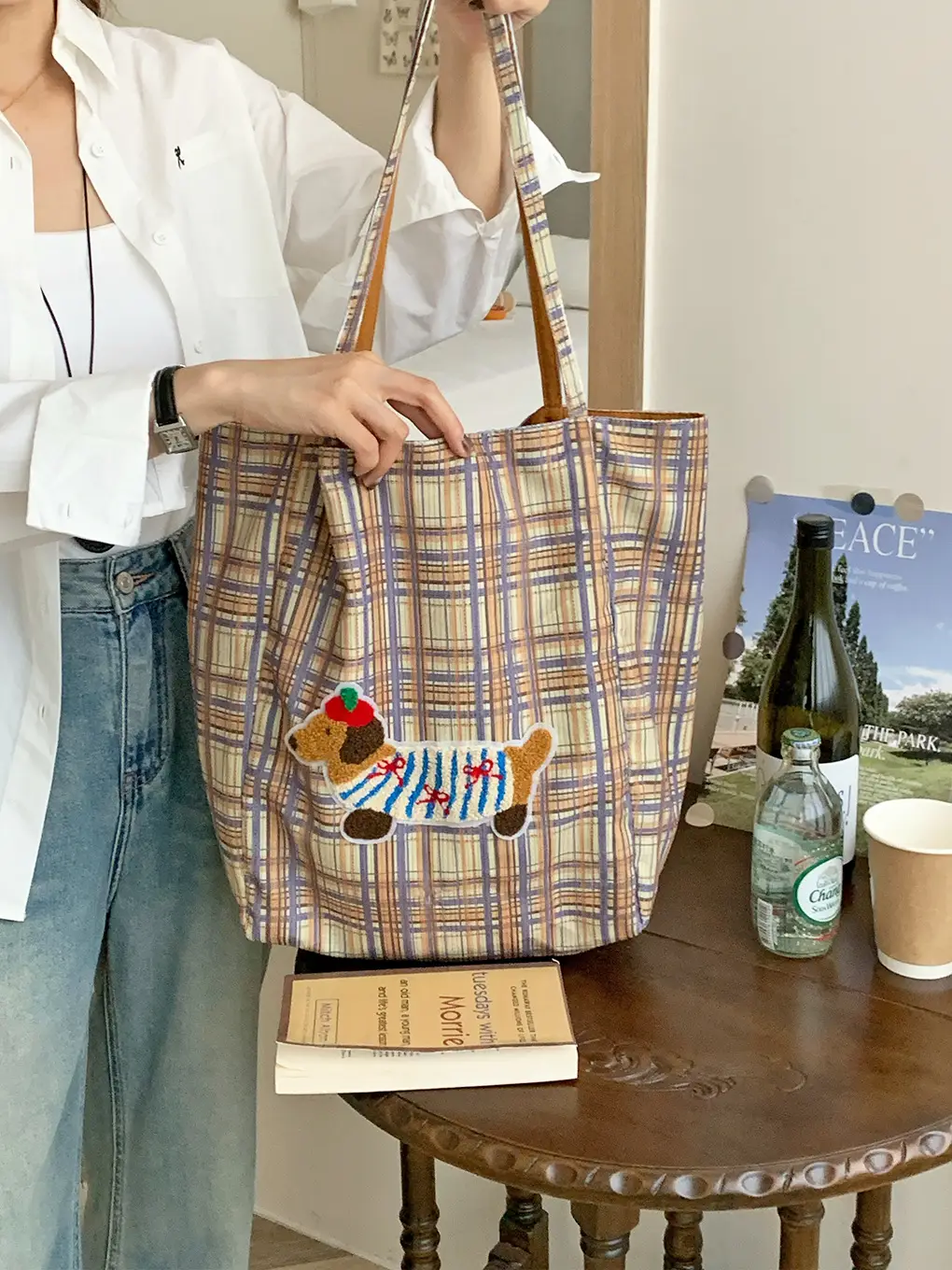 Puppy Plaid Tote Bag Blue Red Underarm Shoulder Bag - Image 4