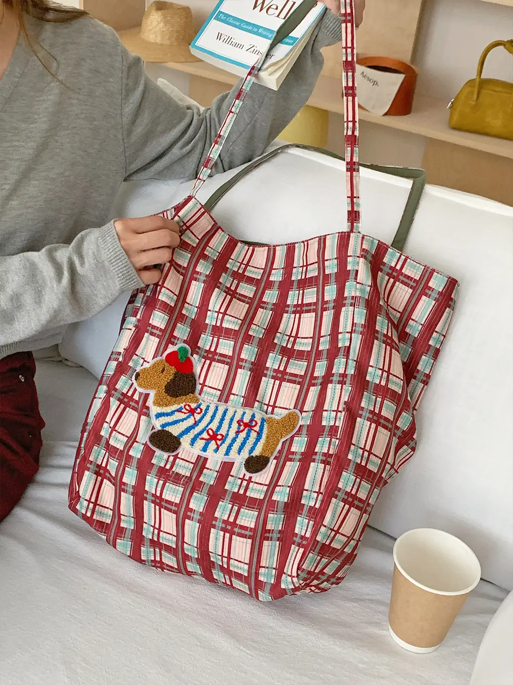 Puppy Plaid Tote Bag Blue Red Underarm Shoulder Bag - Image 6