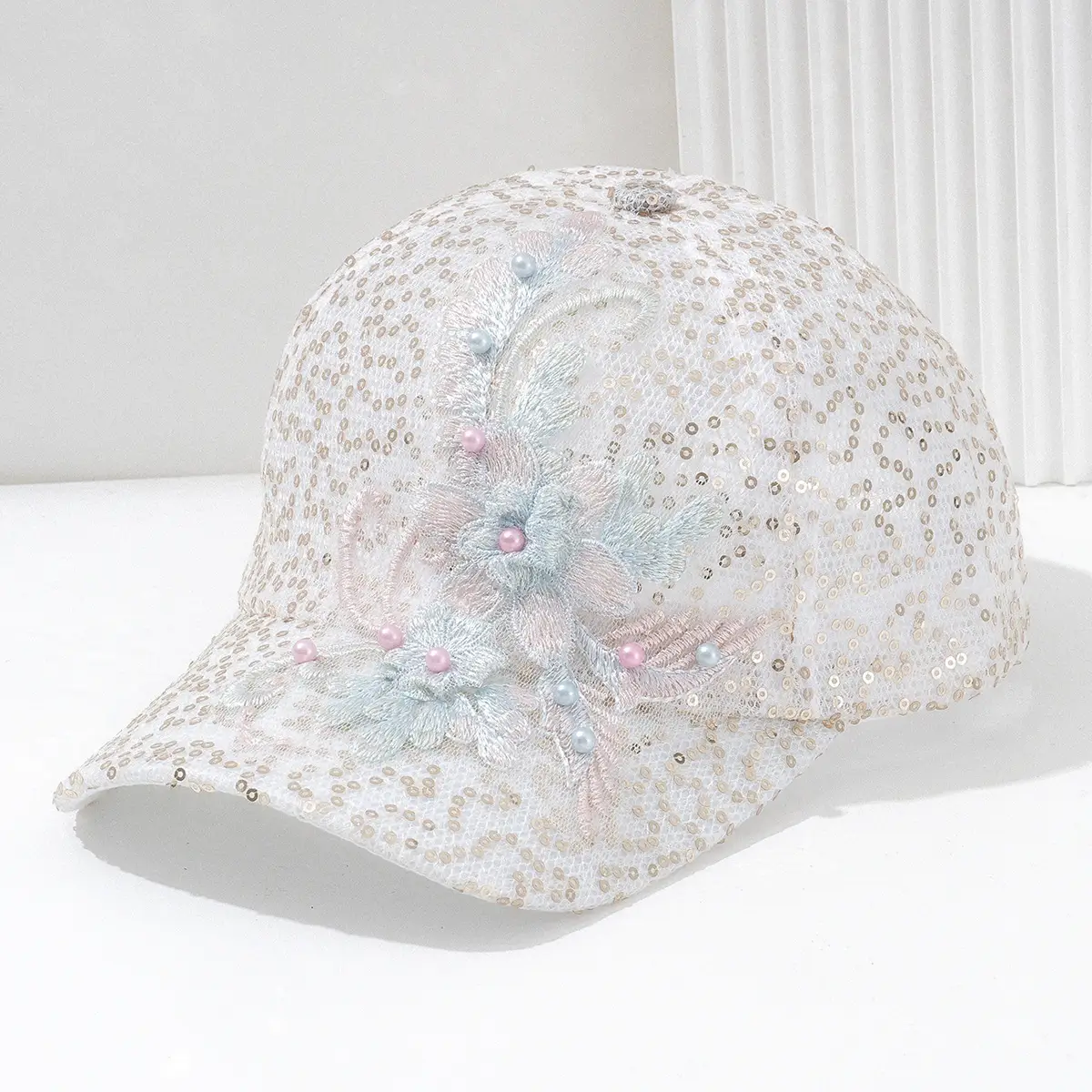 Embroidered Pearl Flower Cap for Women - Image 5