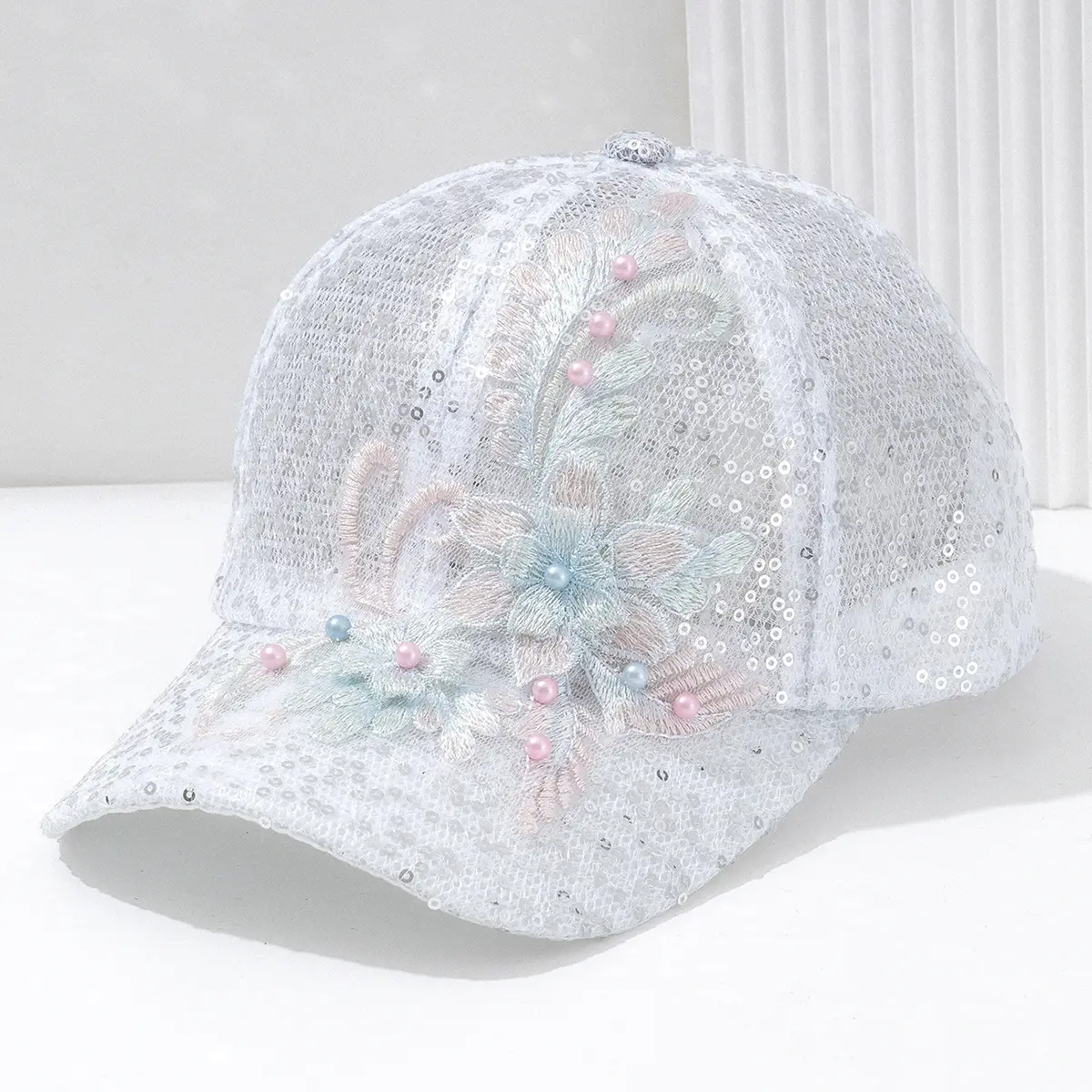 Embroidered Pearl Flower Cap for Women - Image 6