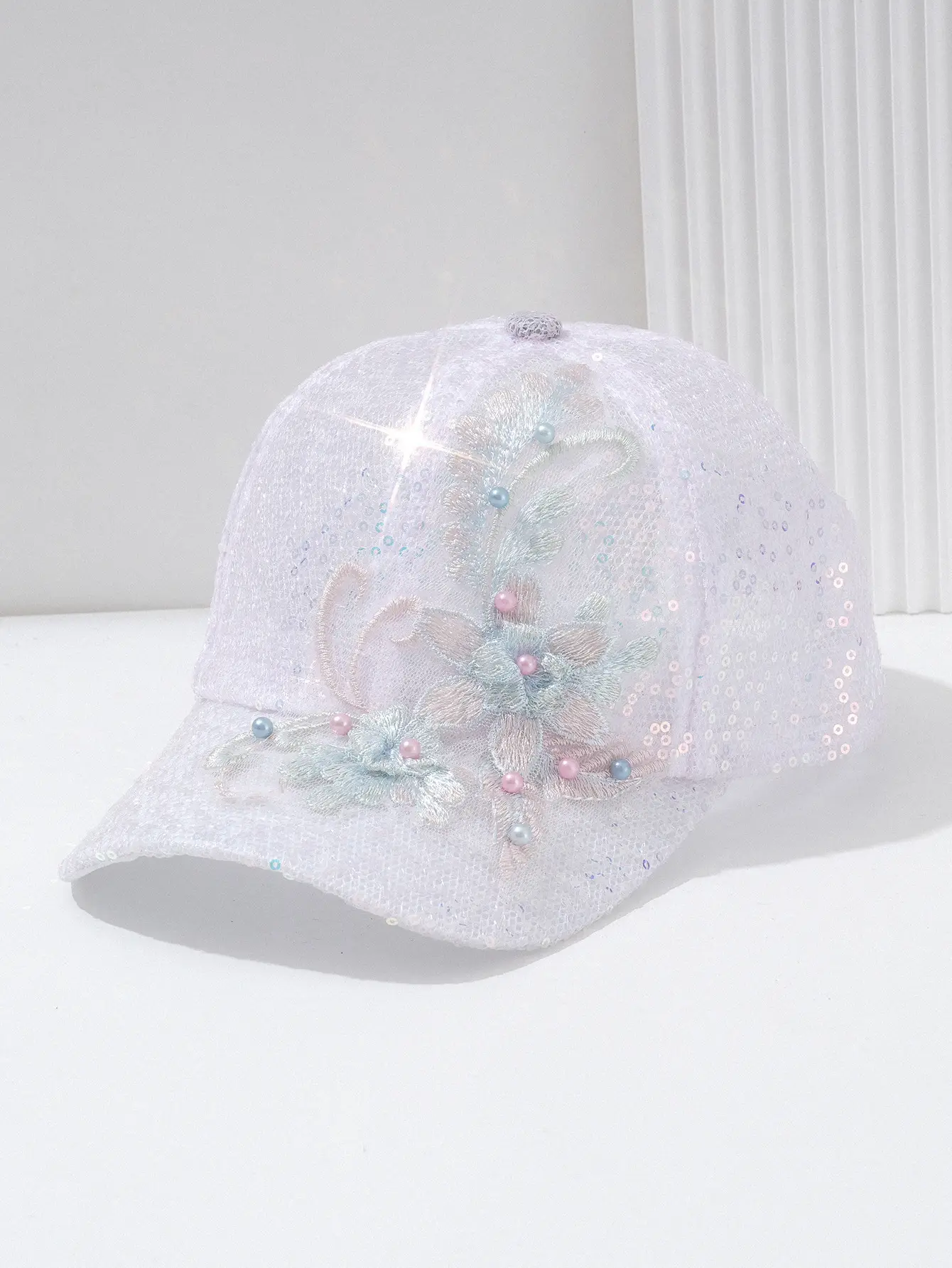 Embroidered Pearl Flower Cap for Women — feature 4