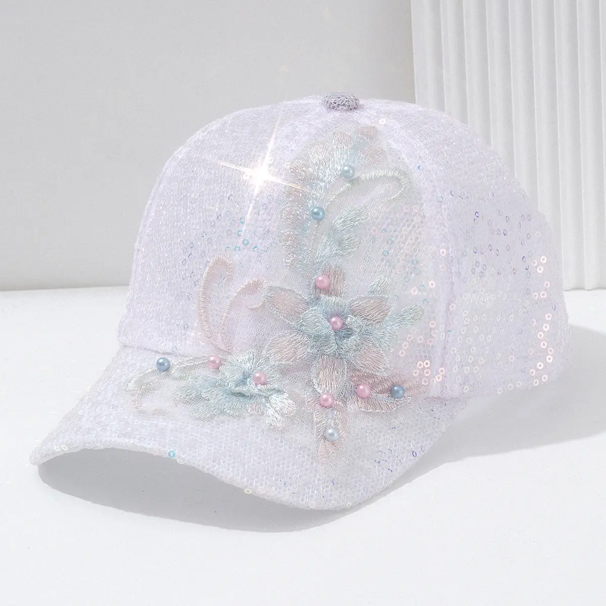 Embroidered Pearl Flower Cap for Women - Image 2