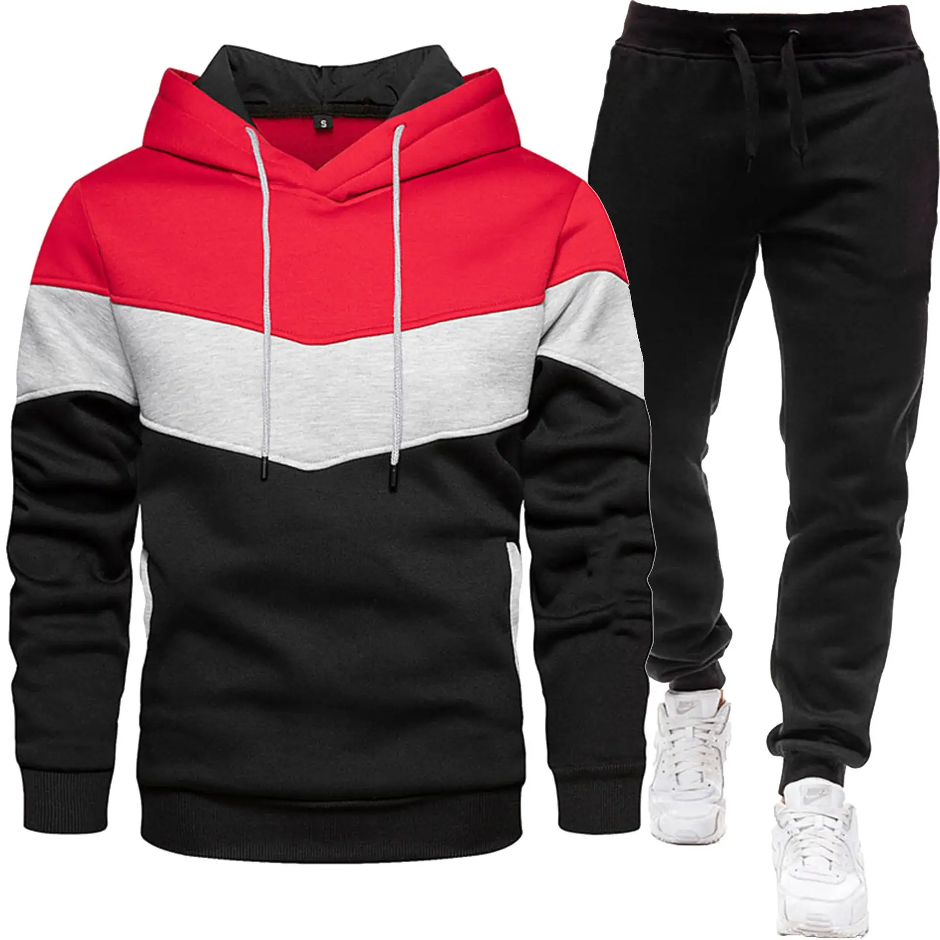 New Men Three Color Sweat Sports Suit Hooded Top Trousers Set — feature 3