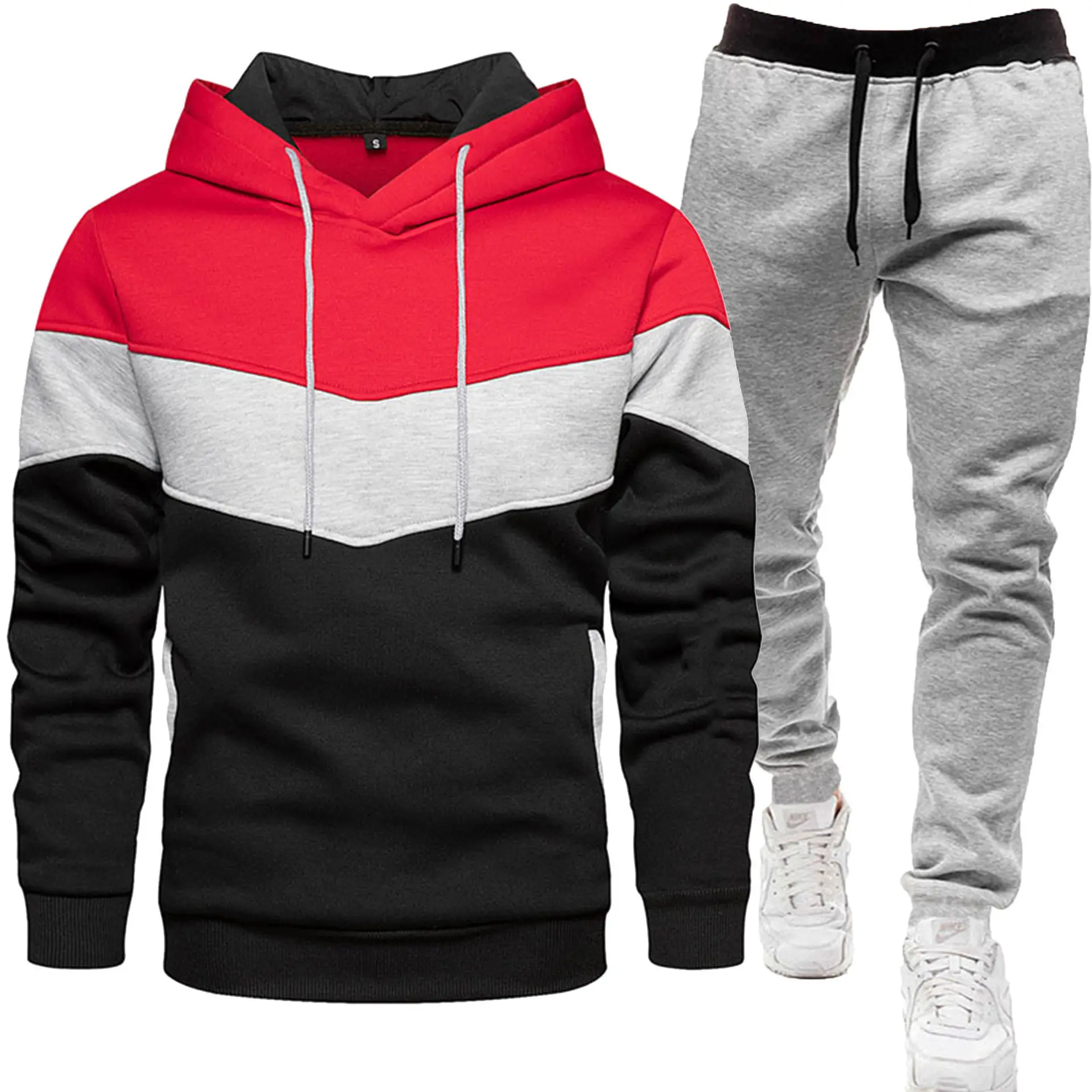 New Men Three Color Sweat Sports Suit Hooded Top Trousers Set - Image 11