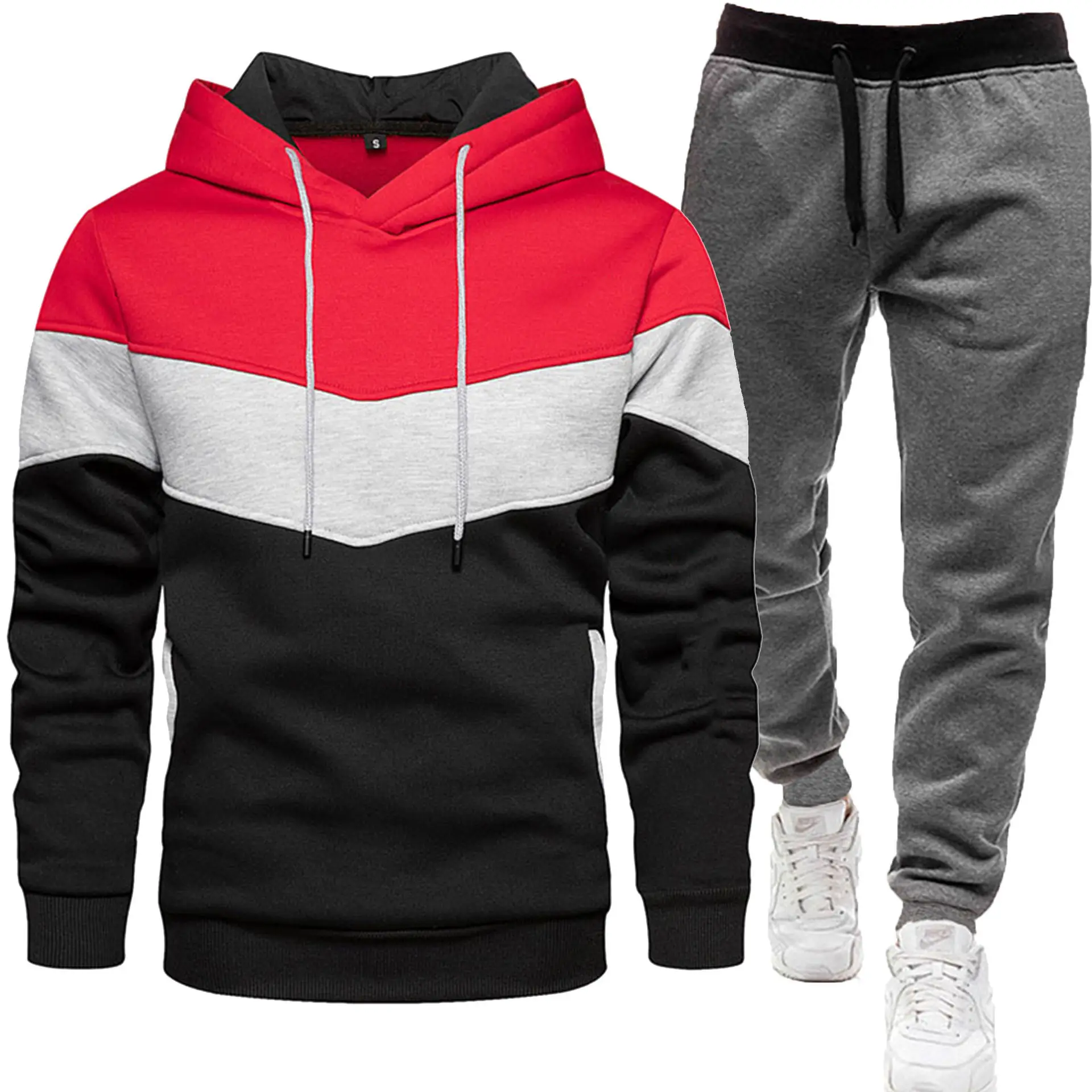 New Men Three Color Sweat Sports Suit Hooded Top Trousers Set - Image 8
