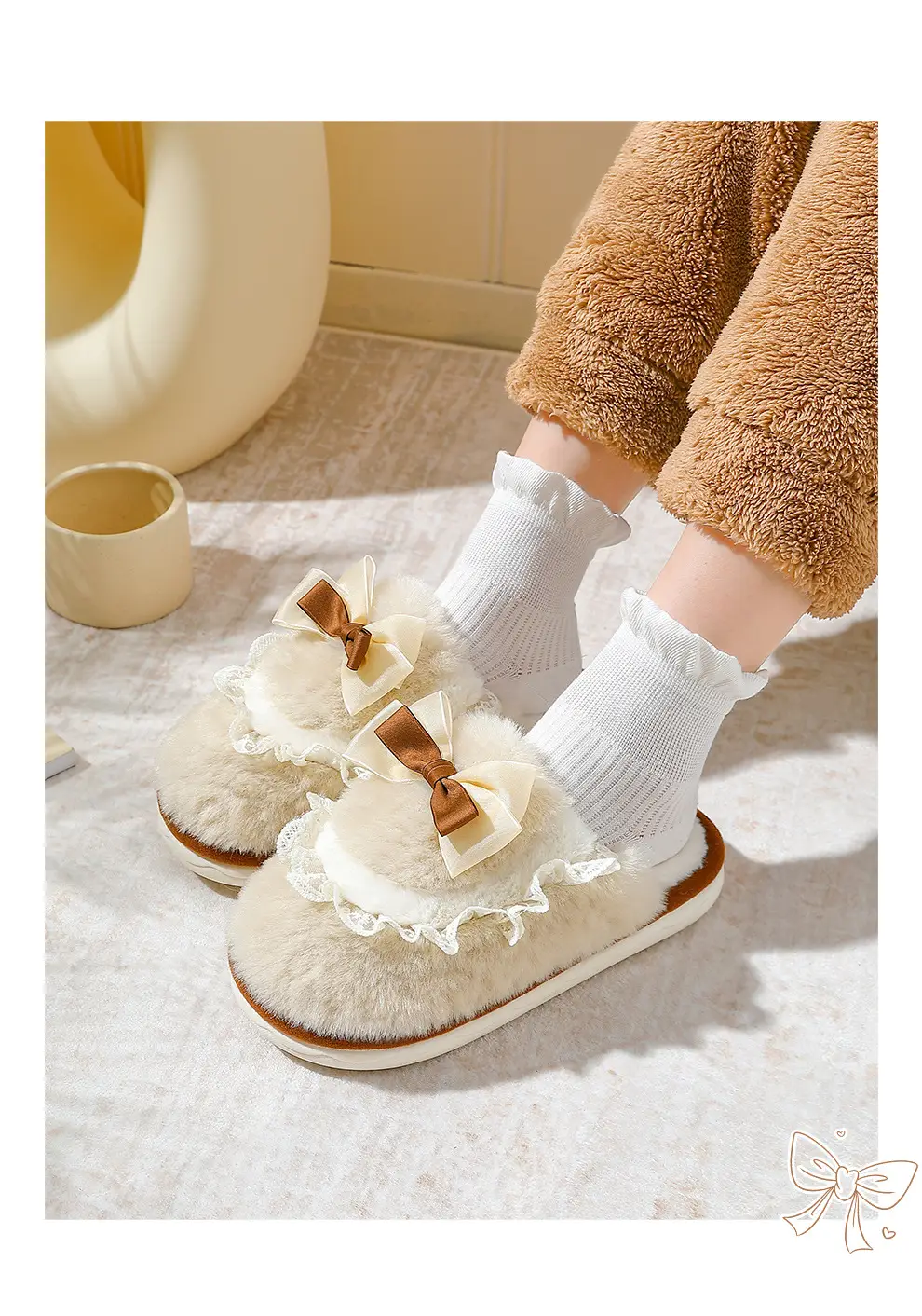 Bow Cotton Slippers Women's Indoor Home Winter Warm Moon Shoes Thick Sole Non-slip Slip-on Feeling Plush Slippers — feature 10