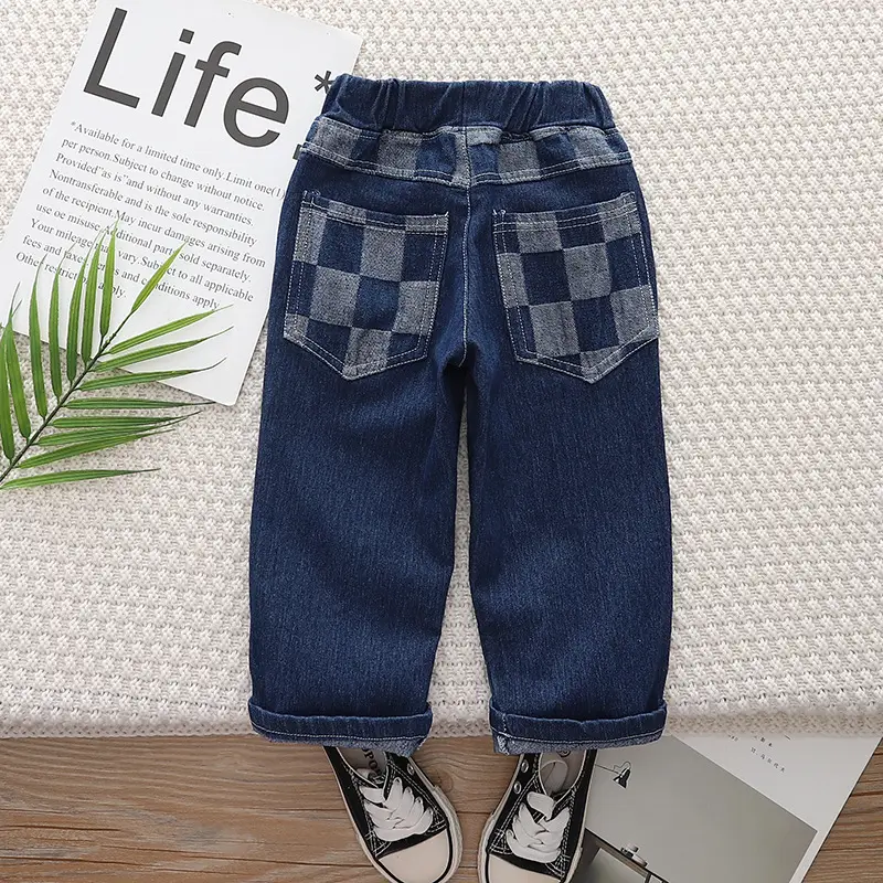 Boys Dark Blue Checkered Pants 2024 New Men