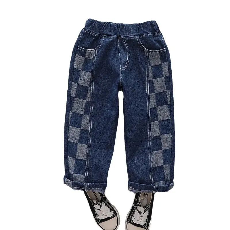 Boys Dark Blue Checkered Pants 2024 New Men