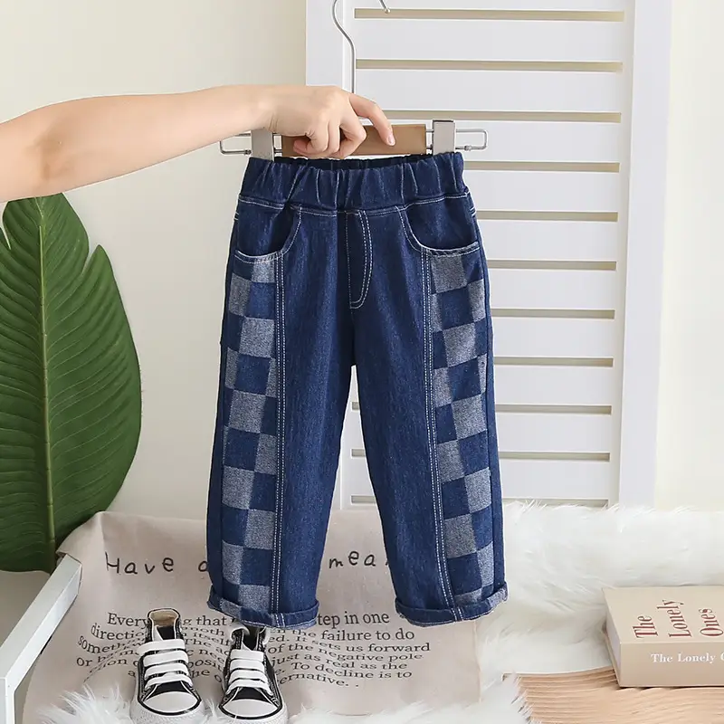 Boys Dark Blue Checkered Pants 2024 New Men — feature 4
