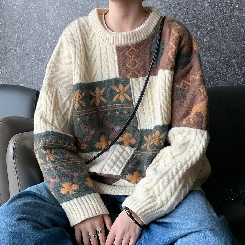 Men's American Retro Sweater Jacket Brown Winter Loose Casual