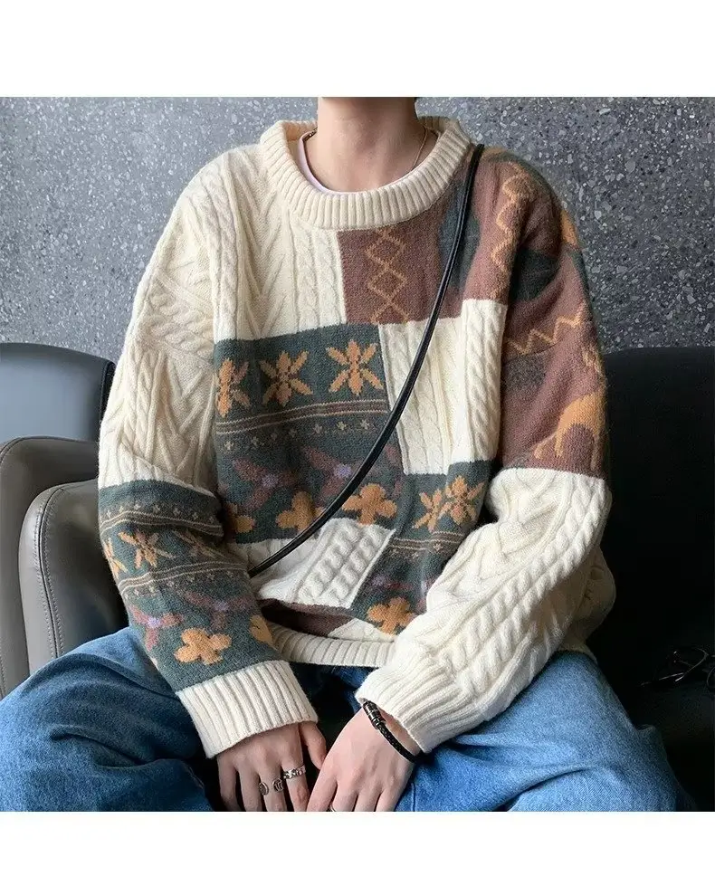 Men's American Retro Sweater Jacket Brown Winter Loose Casual — feature 14