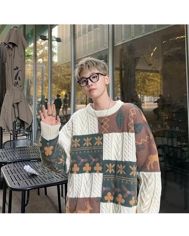 Men's American Retro Sweater Jacket Brown Winter Loose Casual — feature 15