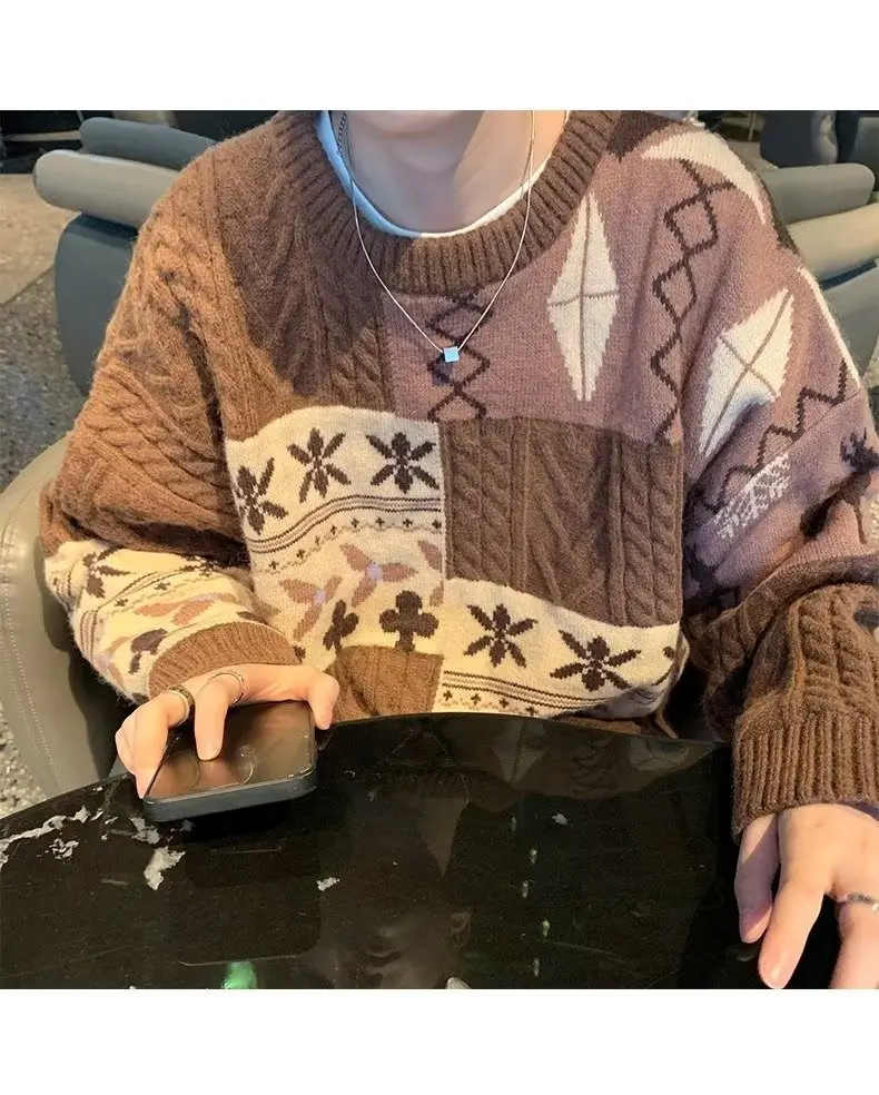 Men's American Retro Sweater Jacket Brown Winter Loose Casual — feature 16