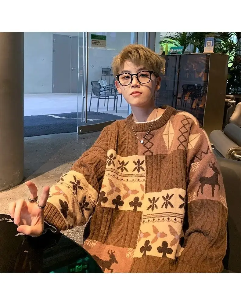 Men's American Retro Sweater Jacket Brown Winter Loose Casual — feature 18