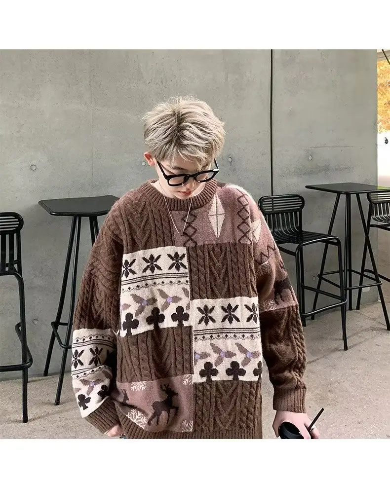 Men's American Retro Sweater Jacket Brown Winter Loose Casual — feature 20