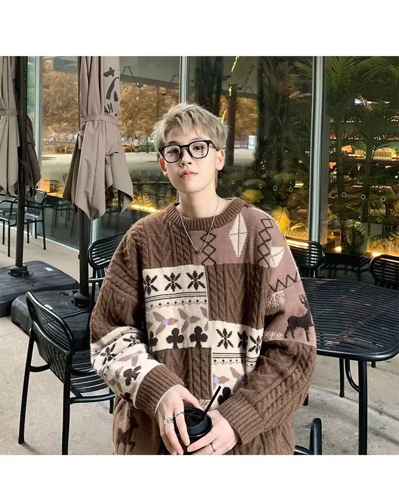 Men's American Retro Sweater Jacket Brown Winter Loose Casual — feature 21