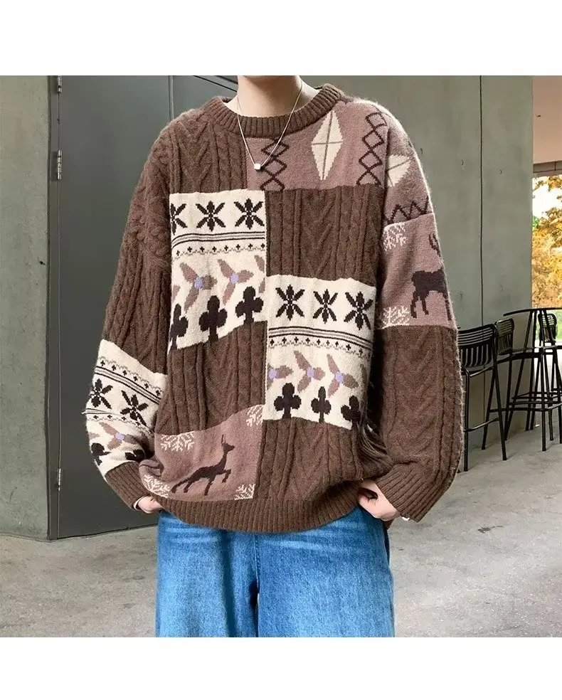 Men's American Retro Sweater Jacket Brown Winter Loose Casual — feature 22