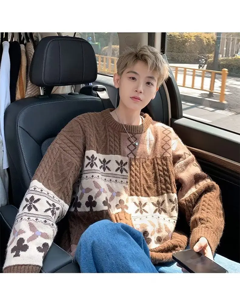 Men's American Retro Sweater Jacket Brown Winter Loose Casual — feature 29