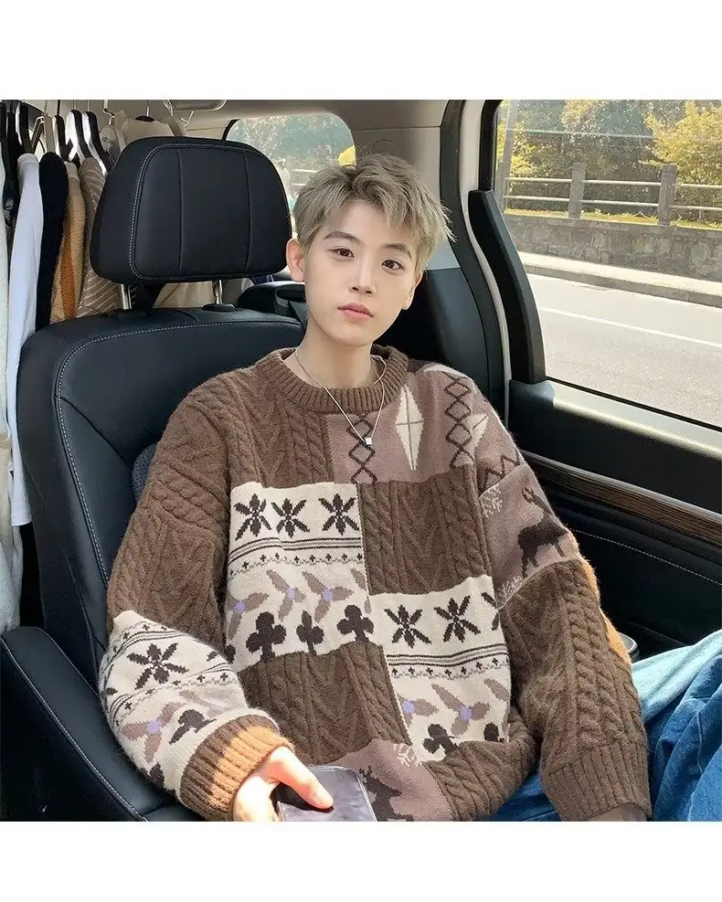Men's American Retro Sweater Jacket Brown Winter Loose Casual — feature 30