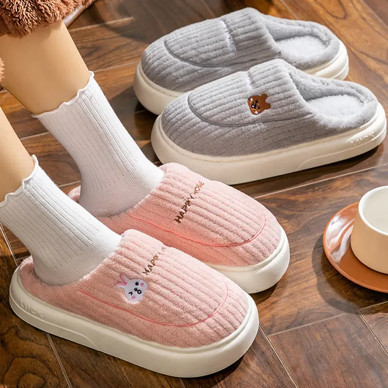 Winter Cotton Slippers for Women Thick-Soled Indoor Home Warm and Comfortable Fleece-Lined Household Non-Slip Couple Furry Slippers for Men