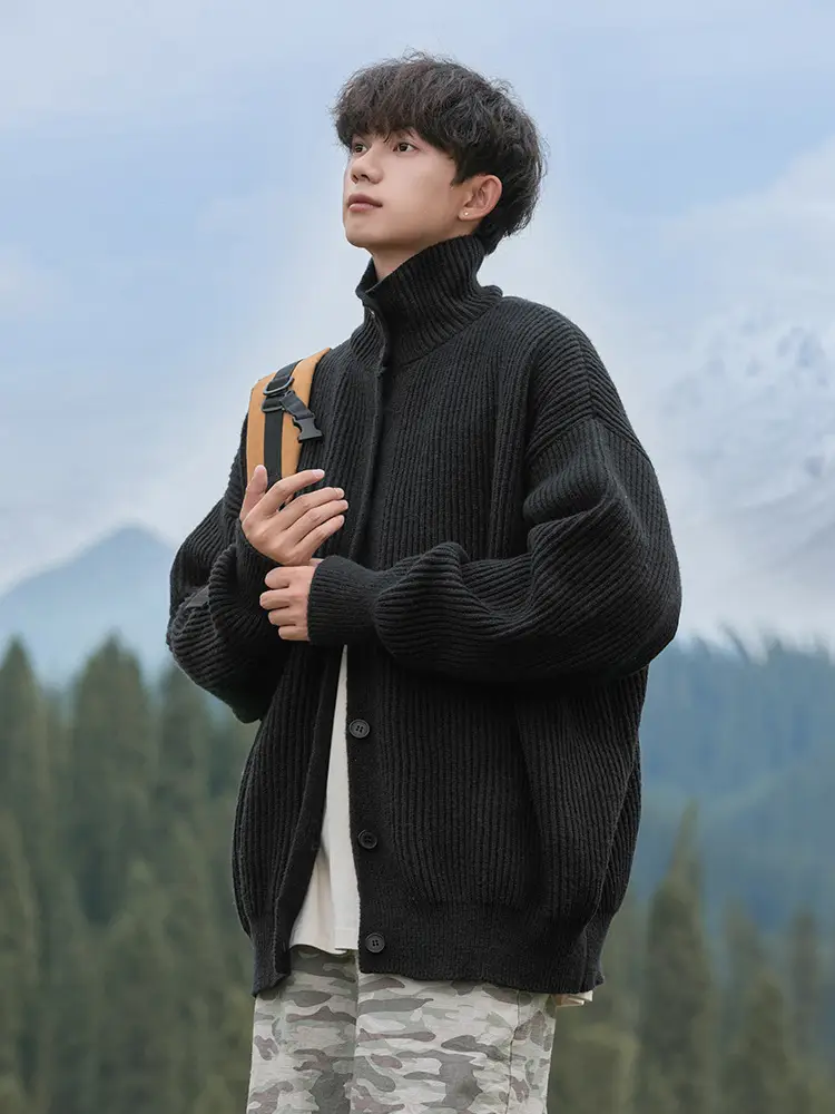 Men Japanese Retro Button Turtleneck Sweater Jacket Black Knit - Image 7
