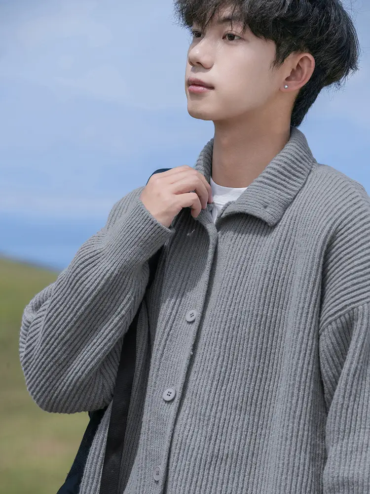 Men Japanese Retro Button Turtleneck Sweater Jacket Black Knit - Image 8