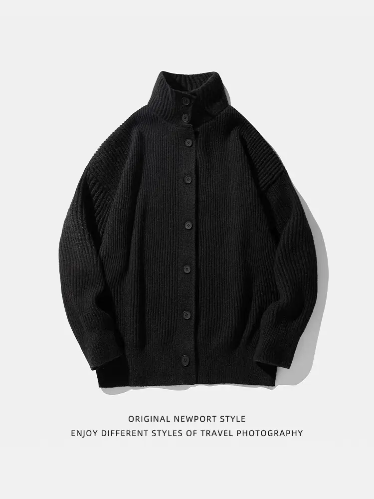 Men Japanese Retro Button Turtleneck Sweater Jacket Black Knit - Image 10