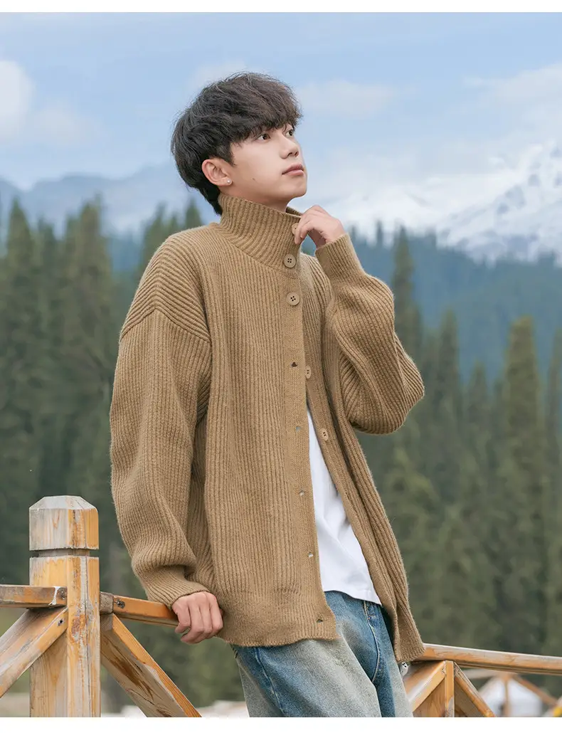 Men Japanese Retro Button Turtleneck Sweater Jacket Black Knit — feature 10