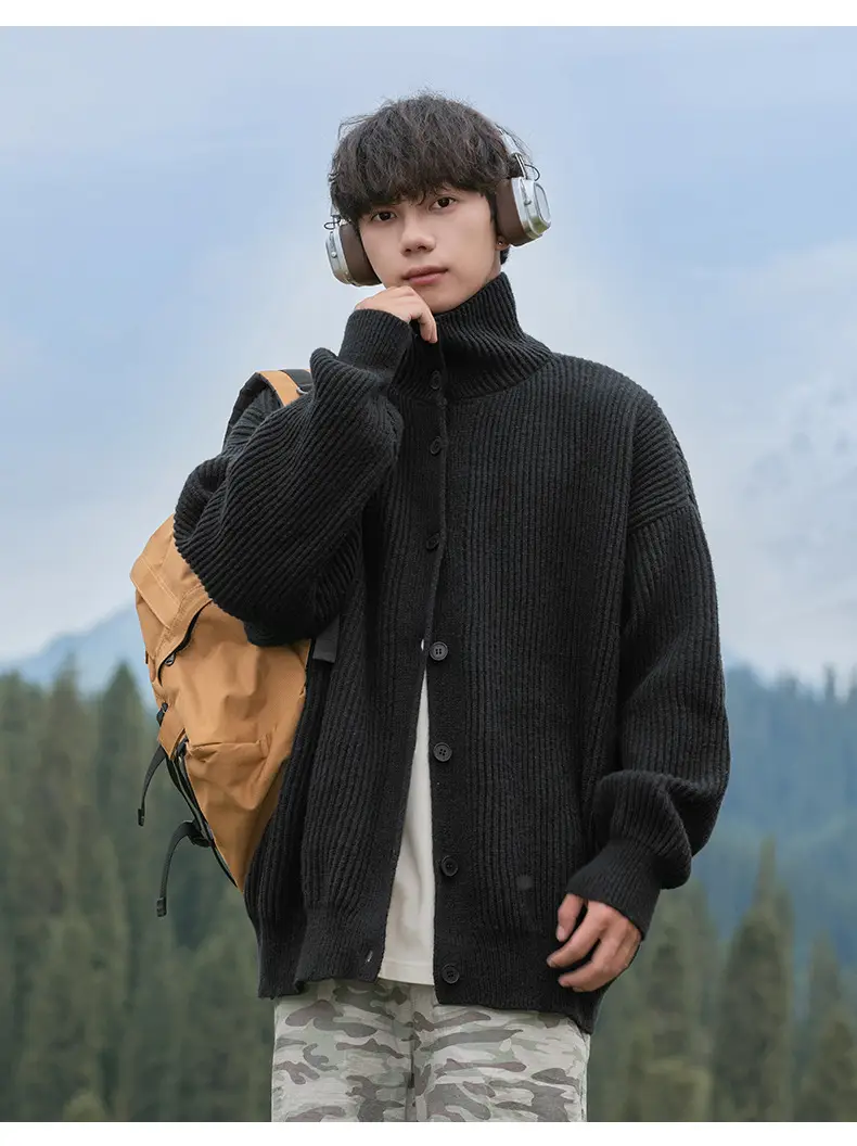 Men Japanese Retro Button Turtleneck Sweater Jacket Black Knit — feature 14