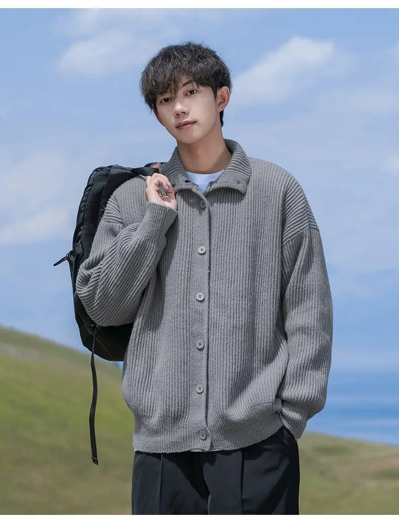 Men Japanese Retro Button Turtleneck Sweater Jacket Black Knit — feature 18