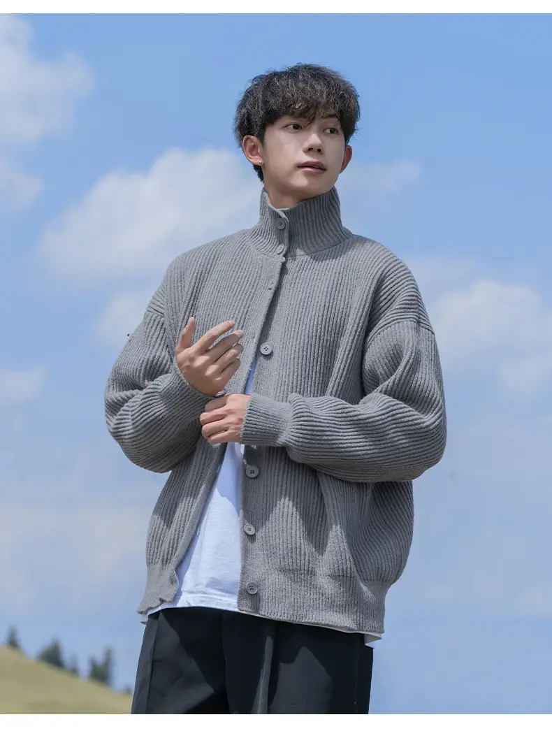 Men Japanese Retro Button Turtleneck Sweater Jacket Black Knit — feature 19