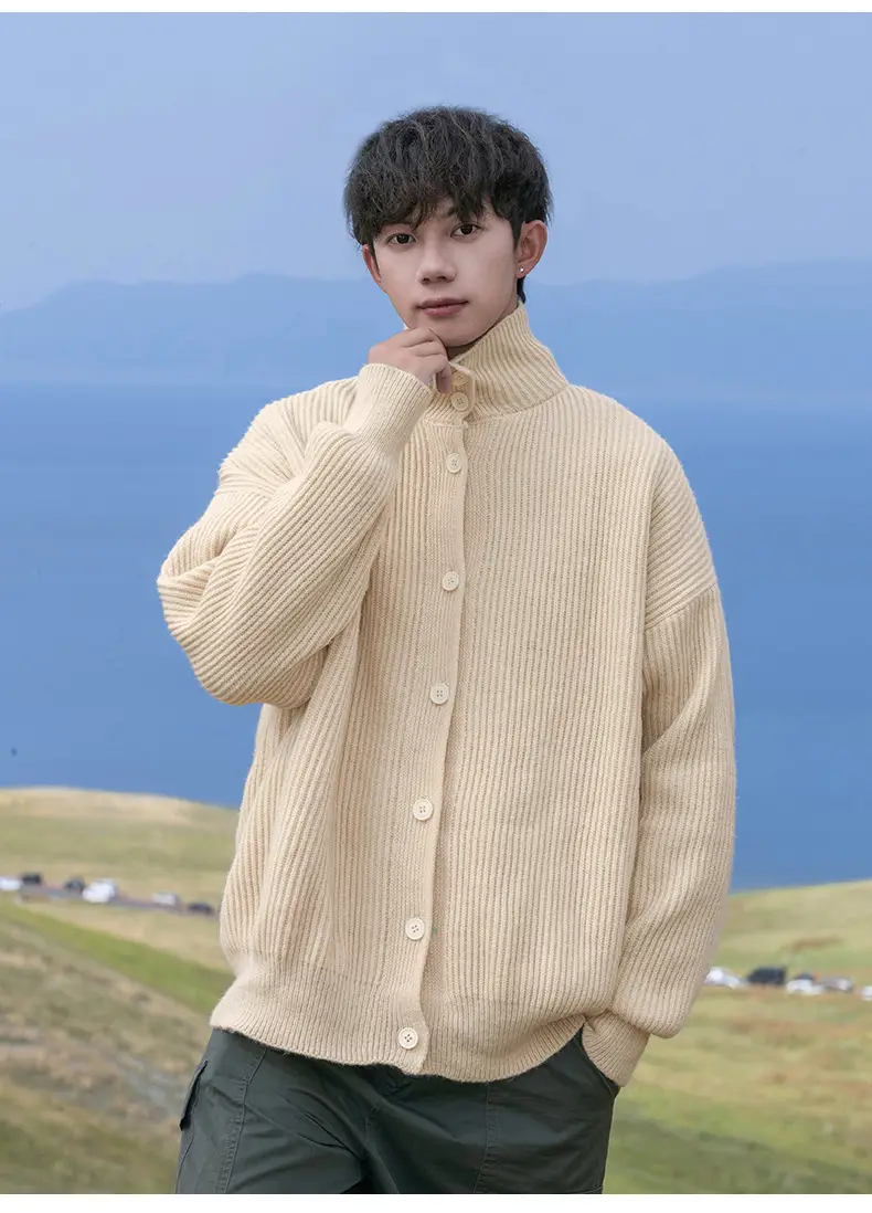 Men Japanese Retro Button Turtleneck Sweater Jacket Black Knit — feature 22