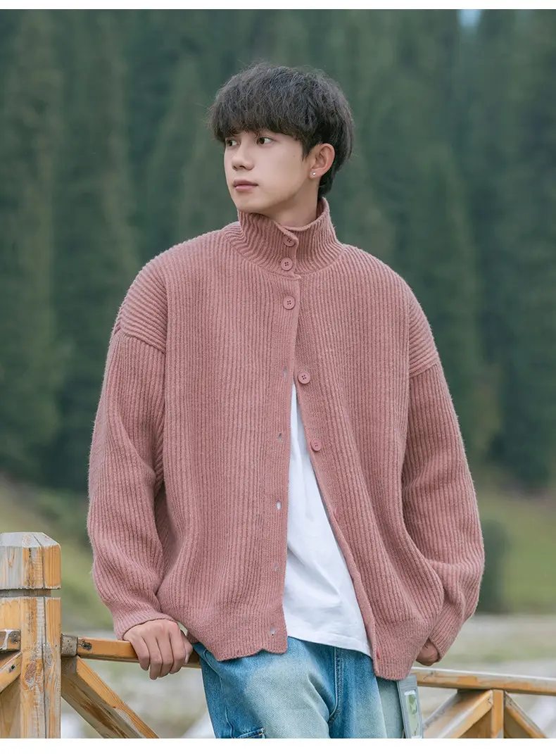 Men Japanese Retro Button Turtleneck Sweater Jacket Black Knit — feature 24