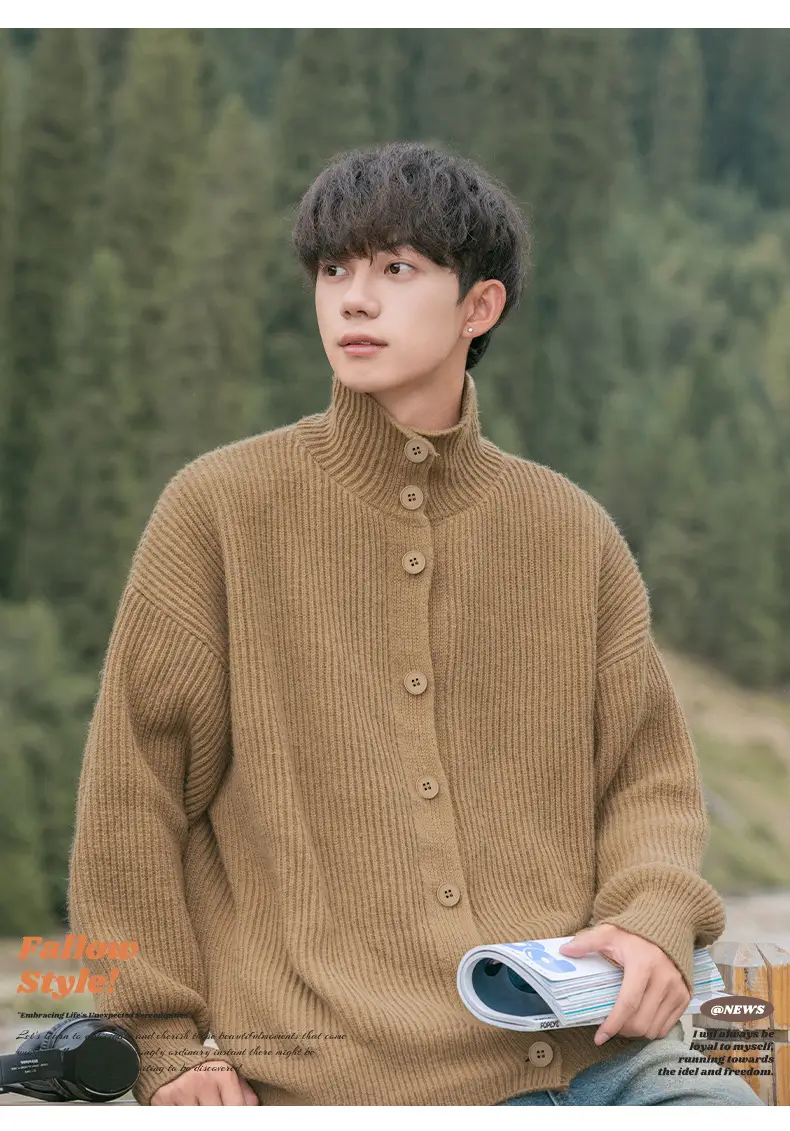 Men Japanese Retro Button Turtleneck Sweater Jacket Black Knit — feature 3