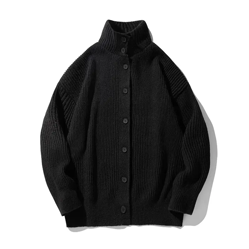 Men Japanese Retro Button Turtleneck Sweater Jacket Black Knit - Image 2