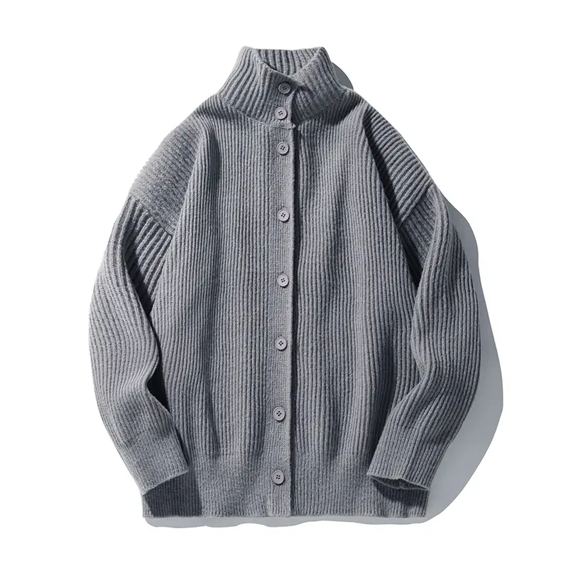 Men Japanese Retro Button Turtleneck Sweater Jacket Black Knit - Image 3