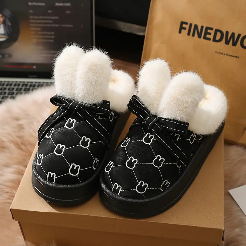 Nanbo Wan Cotton Slippers Women's Autumn and Winter New Thick Sole Feeling Baotou Rabbit Ears Cute Home Indoor Defense - Image 3